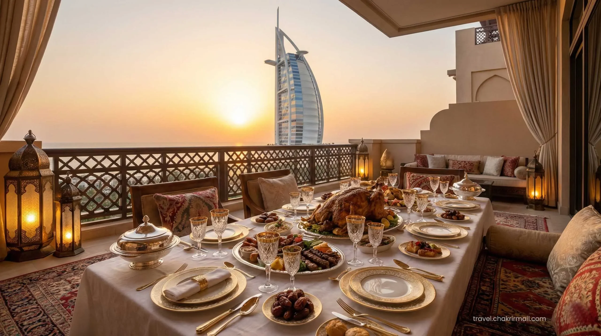 Luxury Ramadan Iftar setup at a 5-star hotel balcony overlooking Burj Al Arab in Dubai for 2026 staycation.