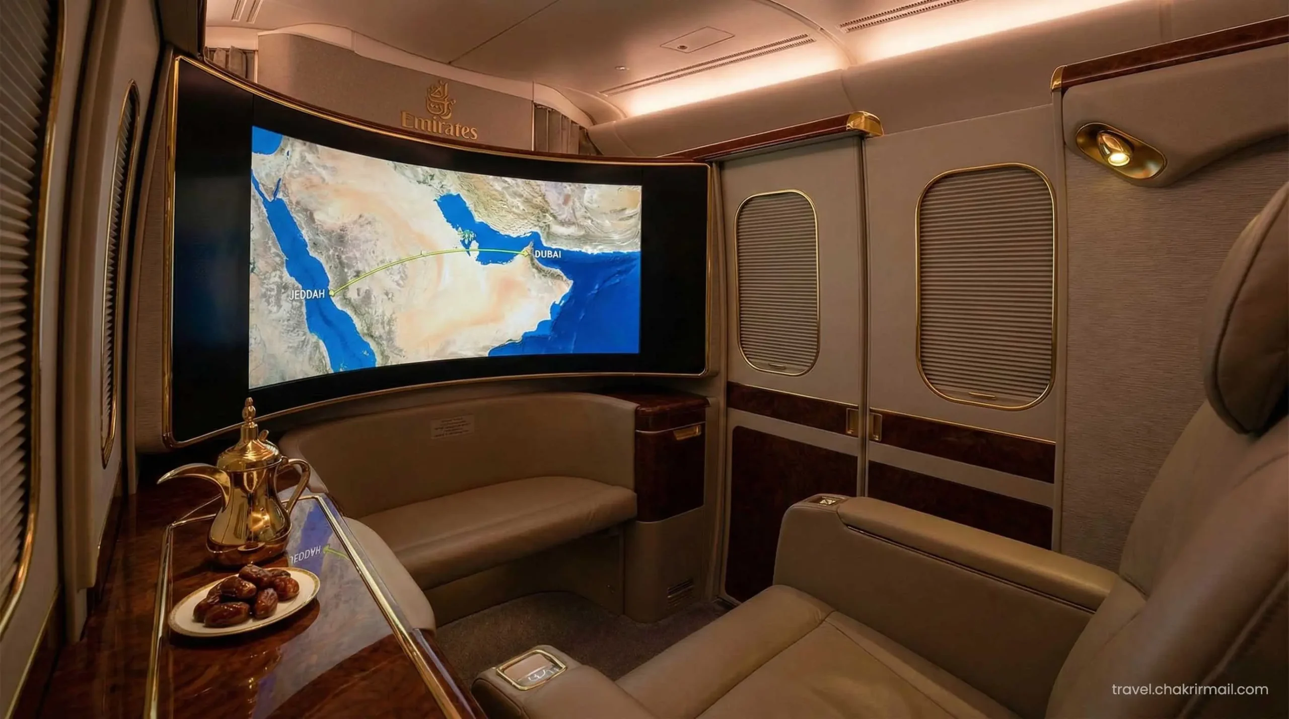 Luxury First Class flight cabin from Dubai to Saudi Arabia for Eid Al Fitr 2026.