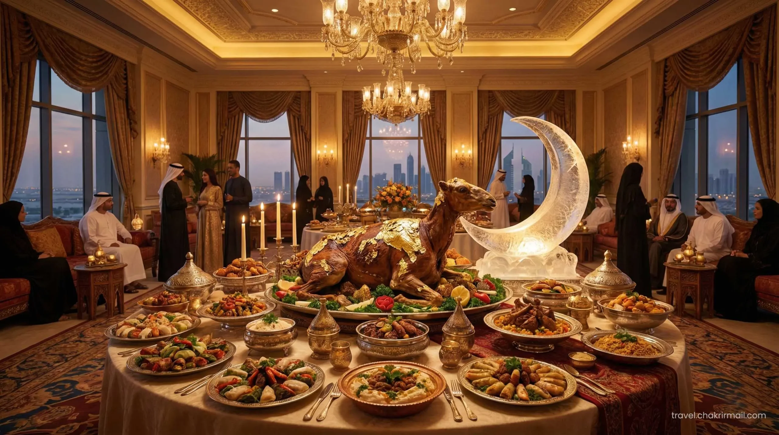 Lavish luxury Iftar buffet spread in a 5-star Dubai hotel ballroom for Ramadan 2026.