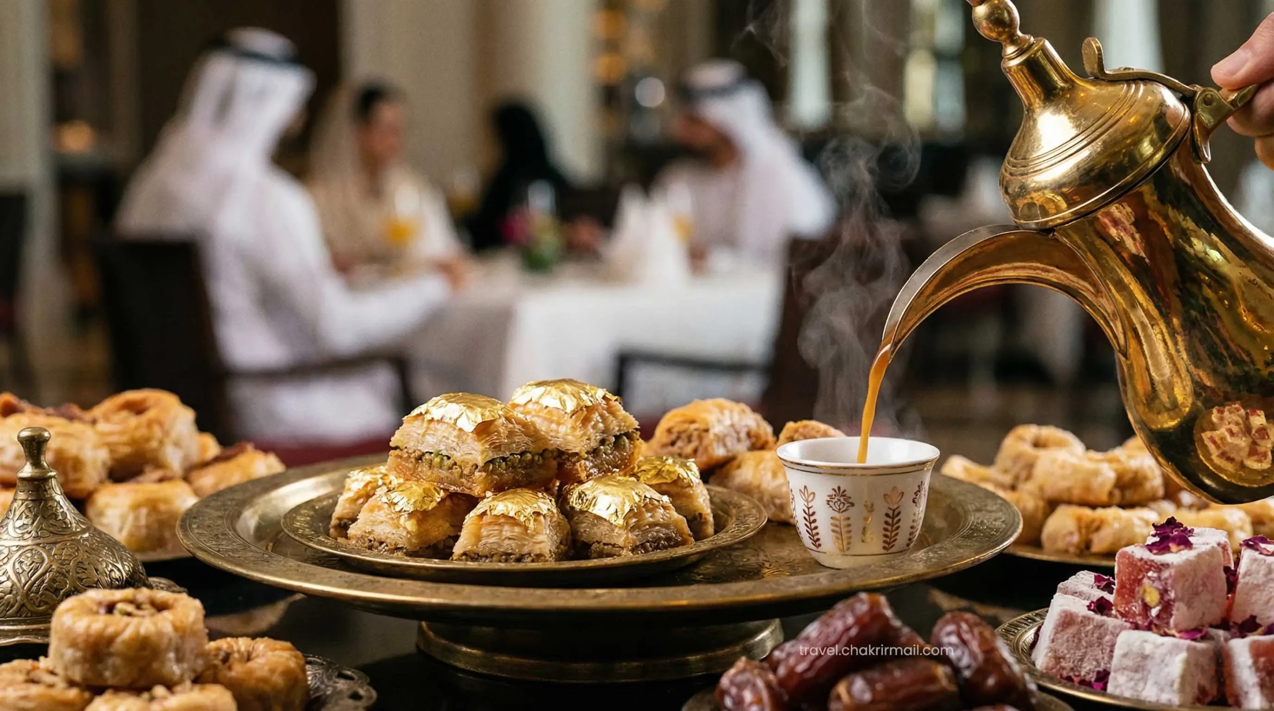 Premium Arabic dessert station featuring gold-leaf baklava and Arabic coffee at a luxury Dubai Iftar.